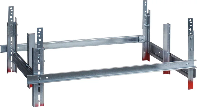 Bolted steel support frame with slotted uprights