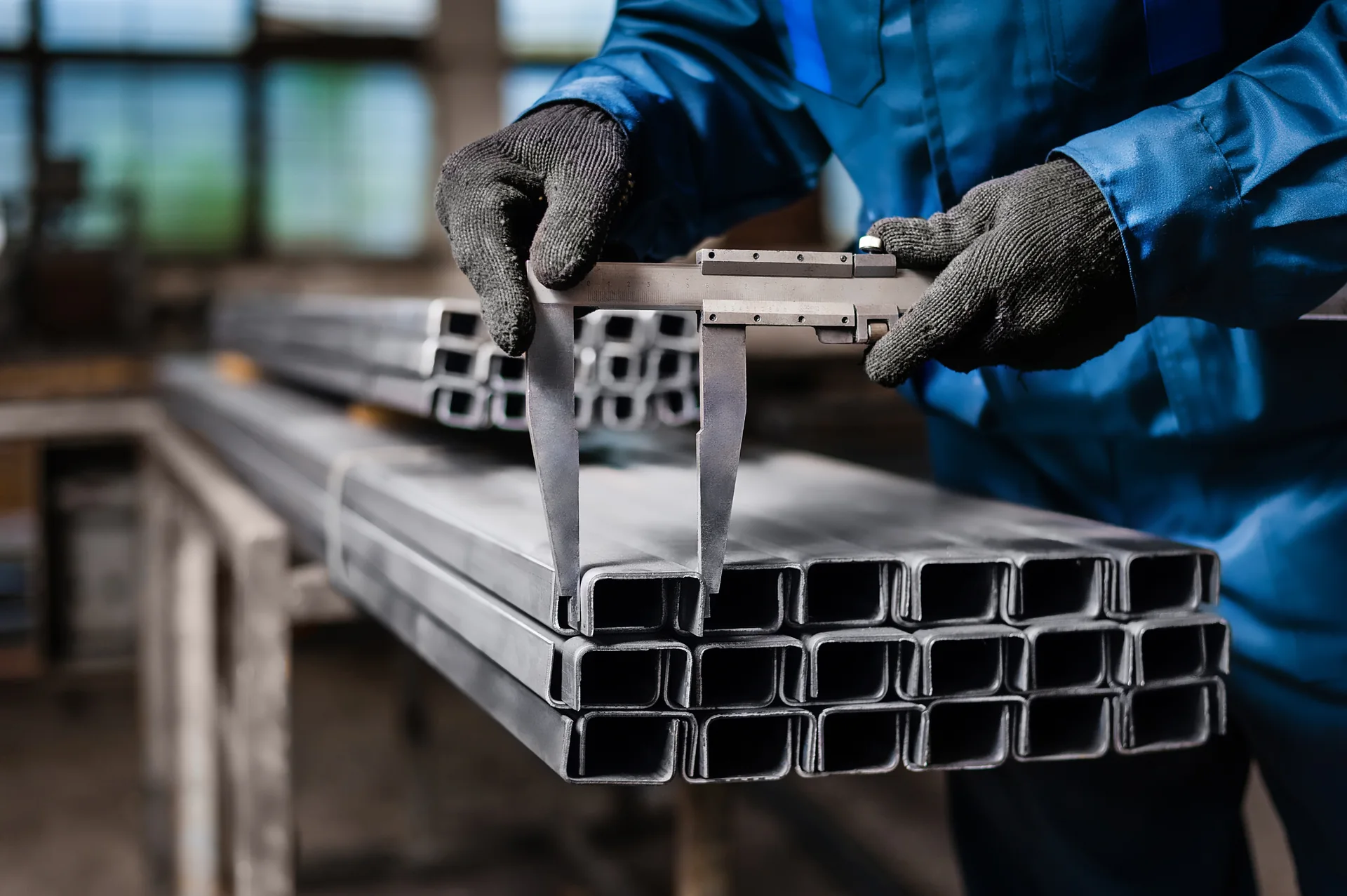 Gloved hands measuring a rectangular metal section with a caliper