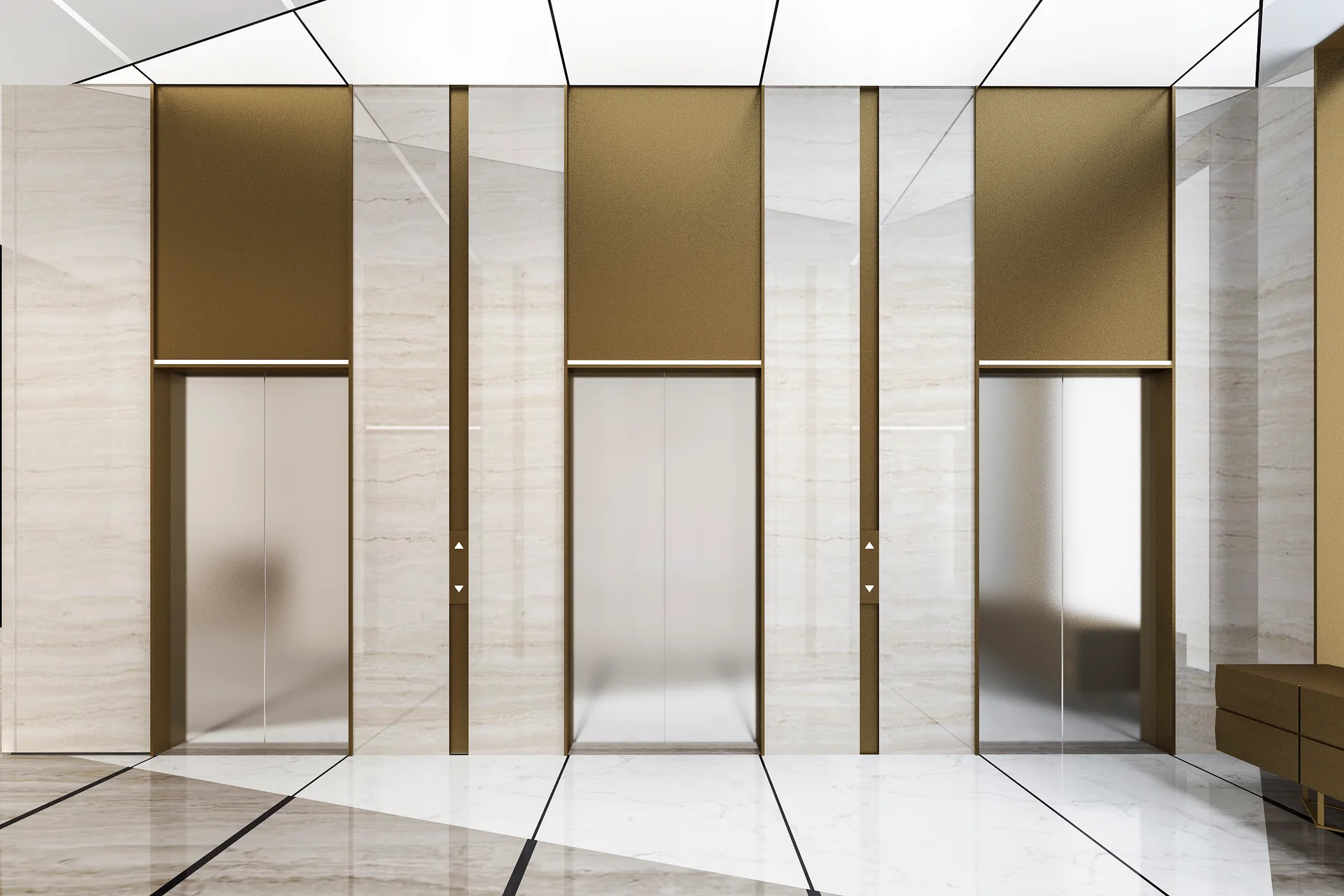Stone and metal elevator entrances in an architectural interior