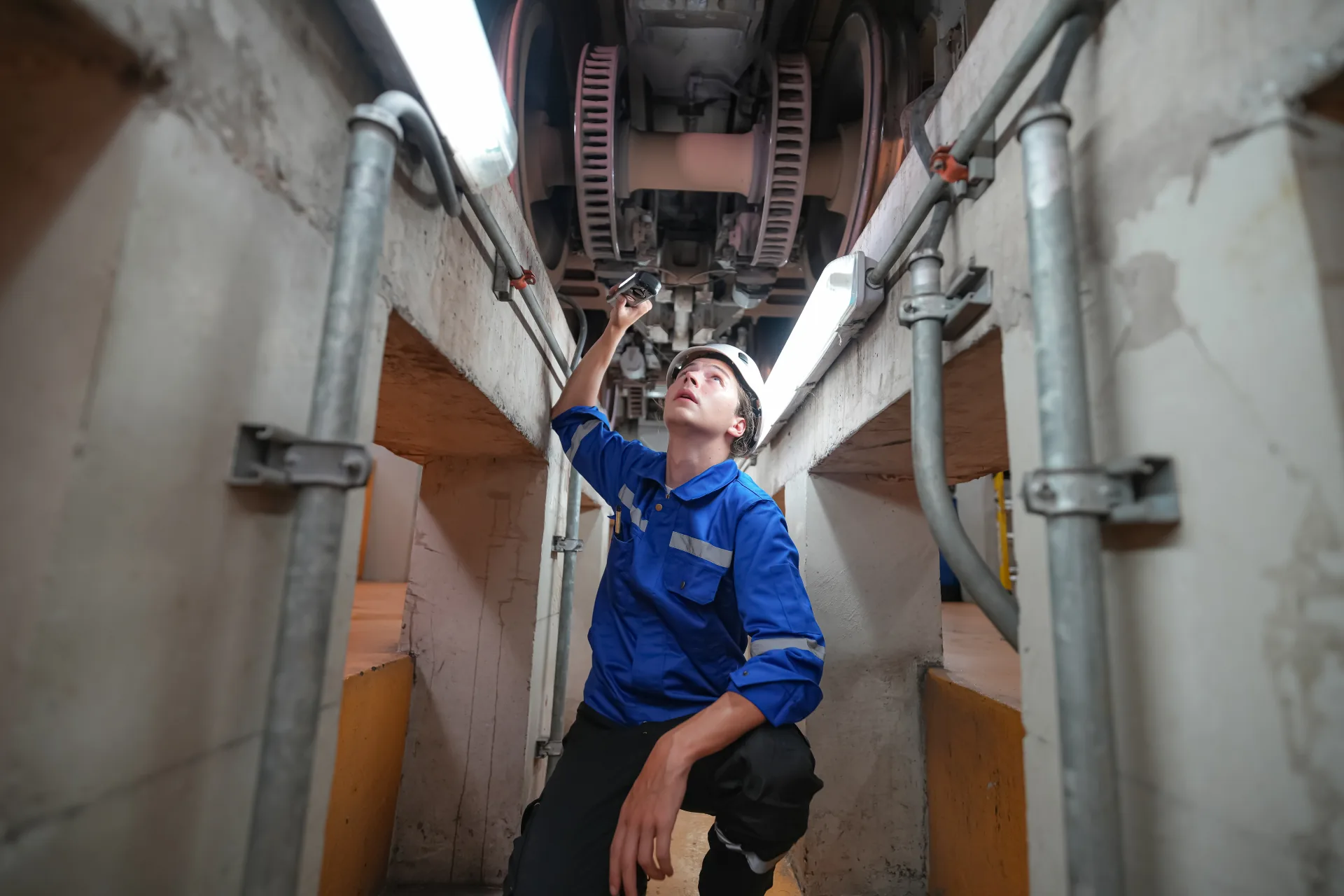 Technician inspecting overhead elevator machinery between shaft guide rails