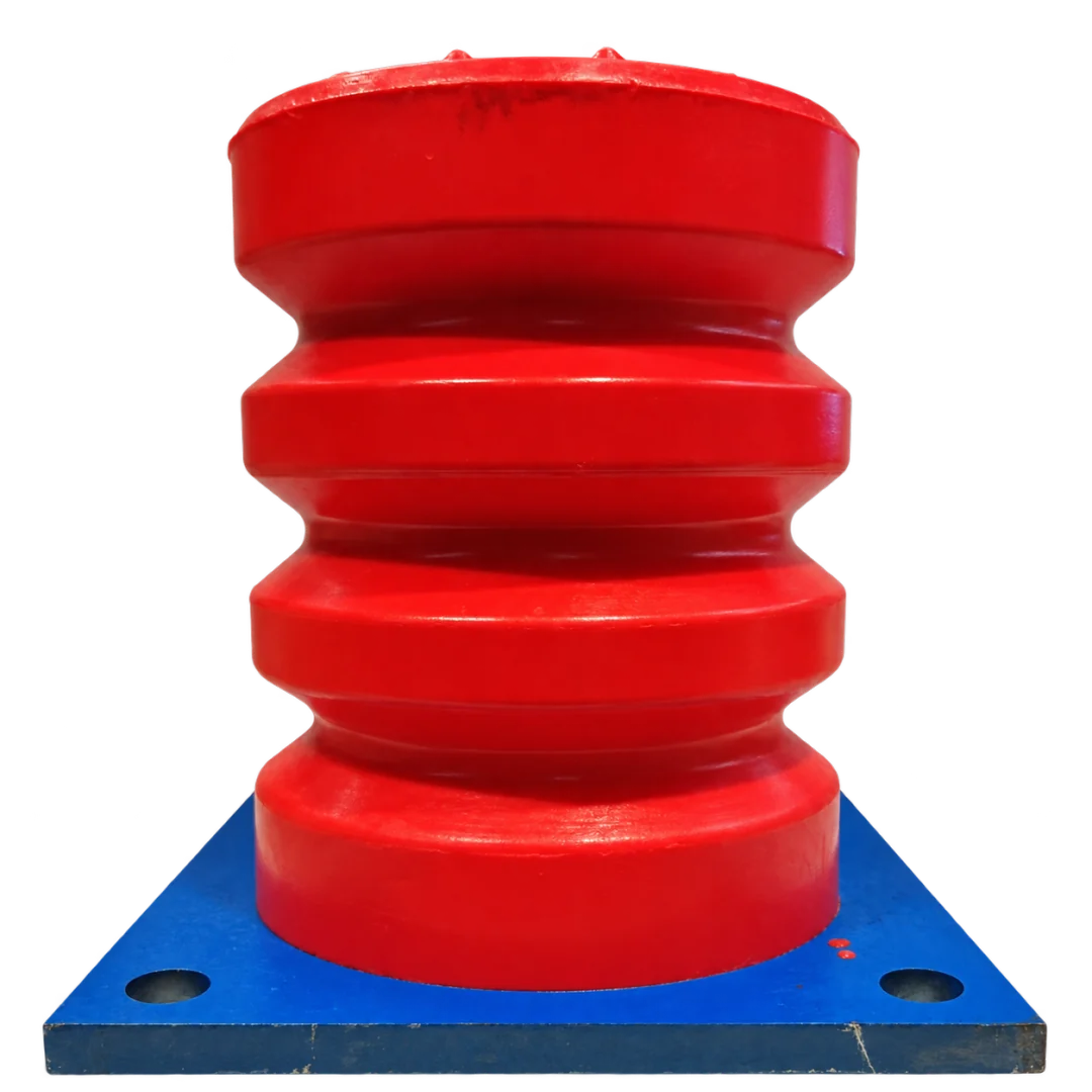 Red ribbed elevator buffer mounted on a blue baseplate